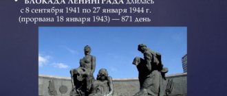 Блокада Ленинграда БЛОКАДА ЛЕНИНГРАДА длилась с 8 сентября 1941 по 27 января 1944 г. (прорвана 18 января 1943) — 871 день